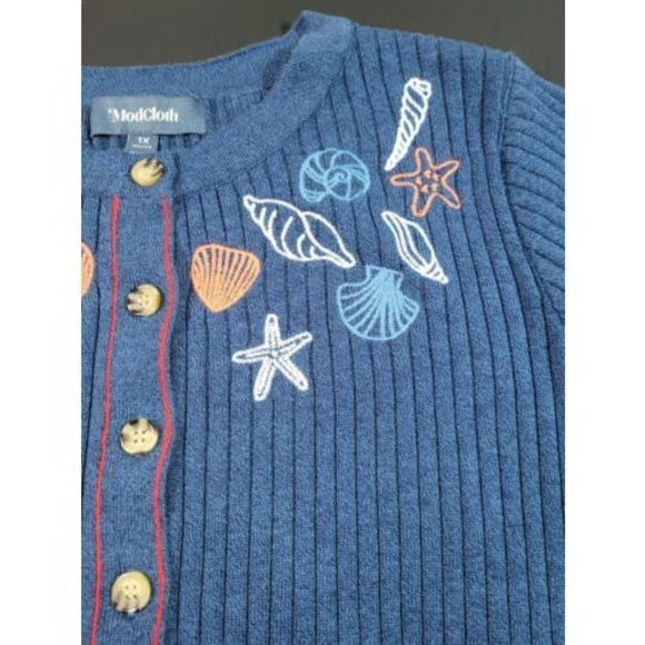 ModCloth Women's Short Sleeves Seashore Embroidered Blue Cotton Cardigan Size 1X - Picture 5 of 12